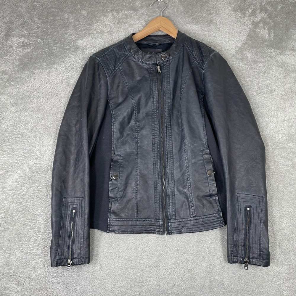 Sebby Collection Moto Jacket Womens Medium Blue Faux Leather‎ Ribbed Biker Y2K
